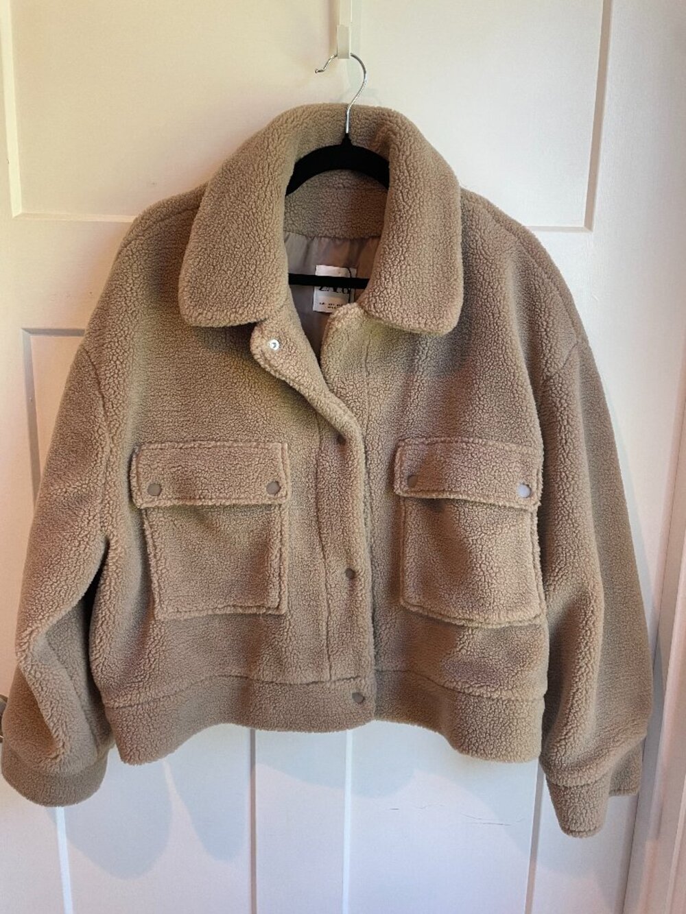 Zara Faux Shearling Sherpa Teddy Bomber Jacket Taupe Tan Crop Utility Coat L